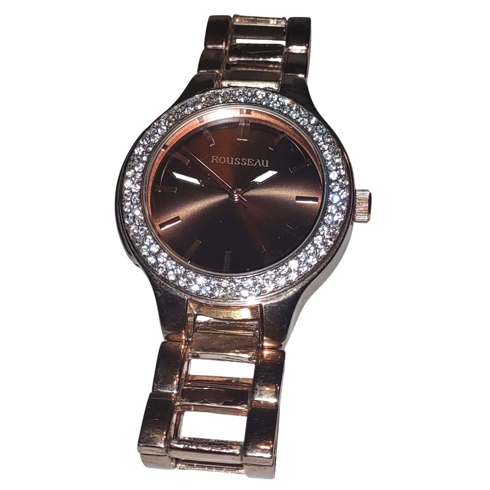 Rousseau 9011 Rose Gold Tone Bracelet Watch Crystal Bezel Open Link Japan Movt
